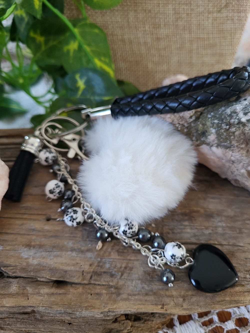 Fluffy White Pom Pom Keychain with Black Heart Charm